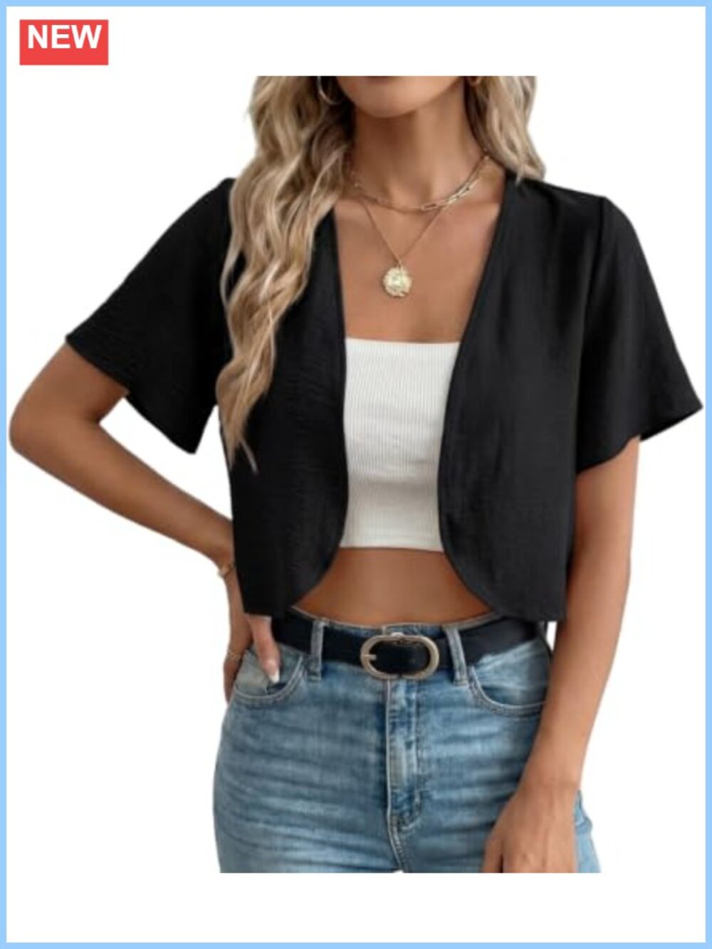 Women's Lightweight Cropped Cardigan Shrug Short Sleeve V-Neck Open Front